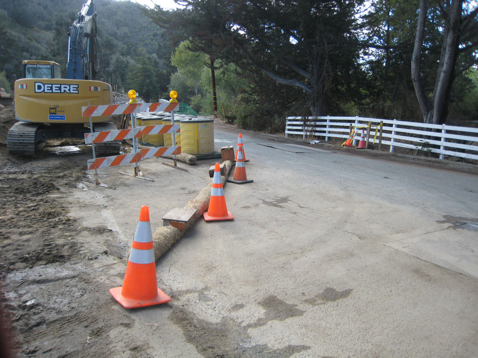 Schulte Bridge Replacement Project - Schulte Road, Carmel, CA - SWPPP pre-storm inspection of approach road to bridge under construction